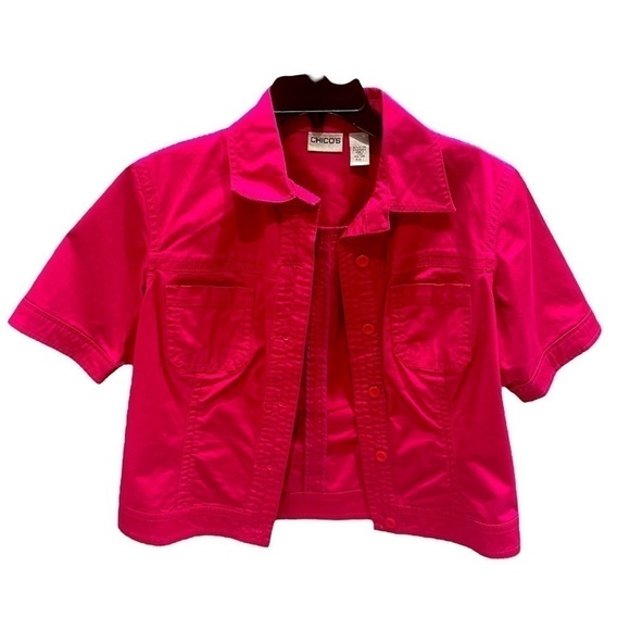 Chicos Jacket Pink Cotton Stretch Button Front Shacket Pockets Size Medium - Picture 1 of 3